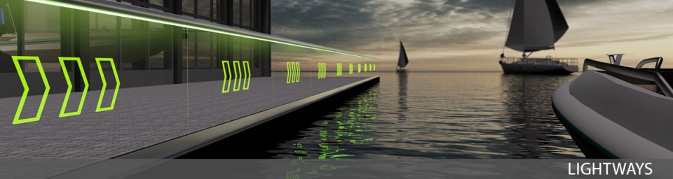 Eine beleuchtete Glasscheibe gibt auf einem Steg mit Hilfe von Pfeilen die Richtung an.